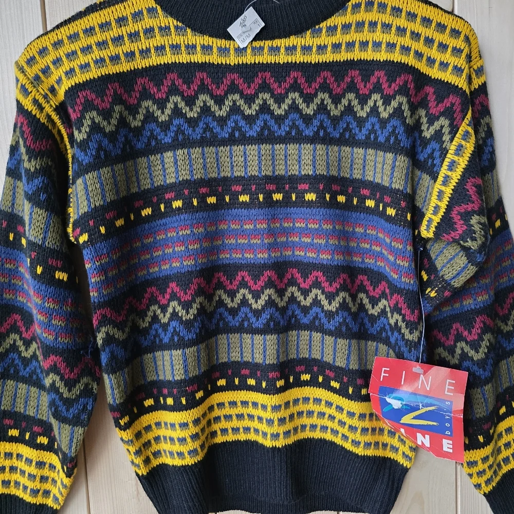 Vintage Fine Line Zellers 90s Muticolored Crewneck Acrylic Sweater Boys Medium - Picture 2 of 8